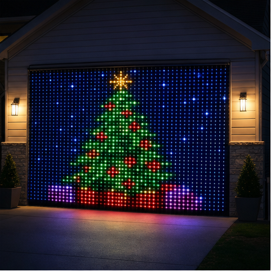 Smart curtain lights displaying Christmas artwork